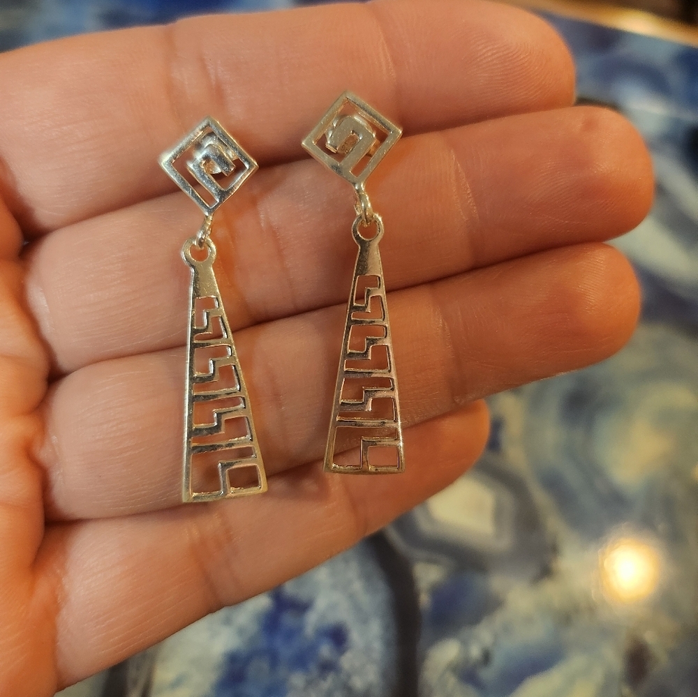 925 Sterling Silver Greek Key Dangle Earrings